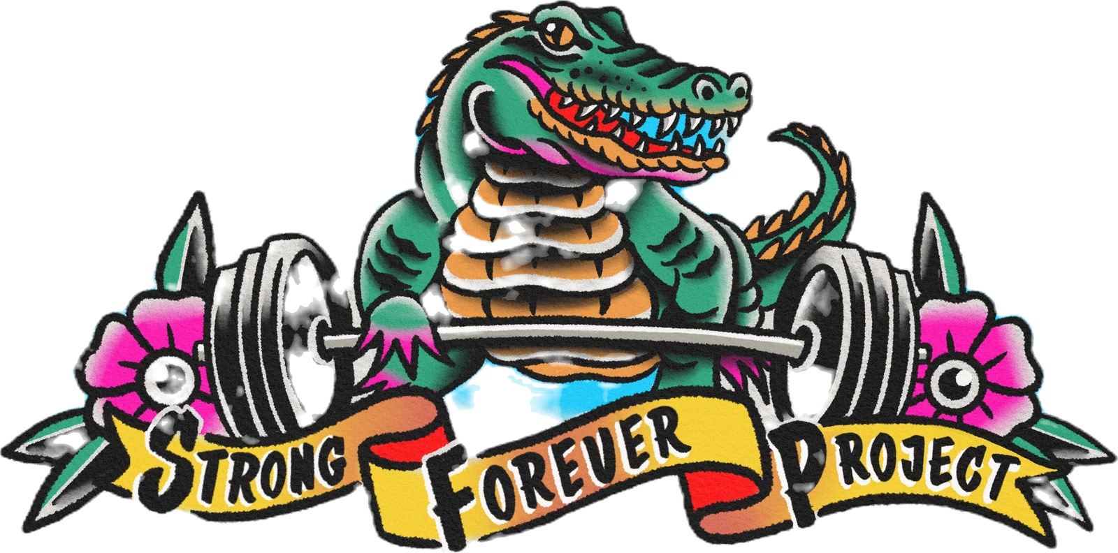 The Strong Forever Project crest: a traditional tattoo-style alligator lifting a barbell over a banner with the project name