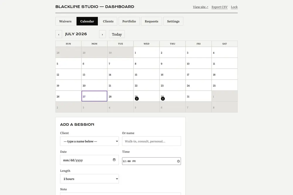 The dashboard calendar: a month grid with session markers and an add-a-session form.