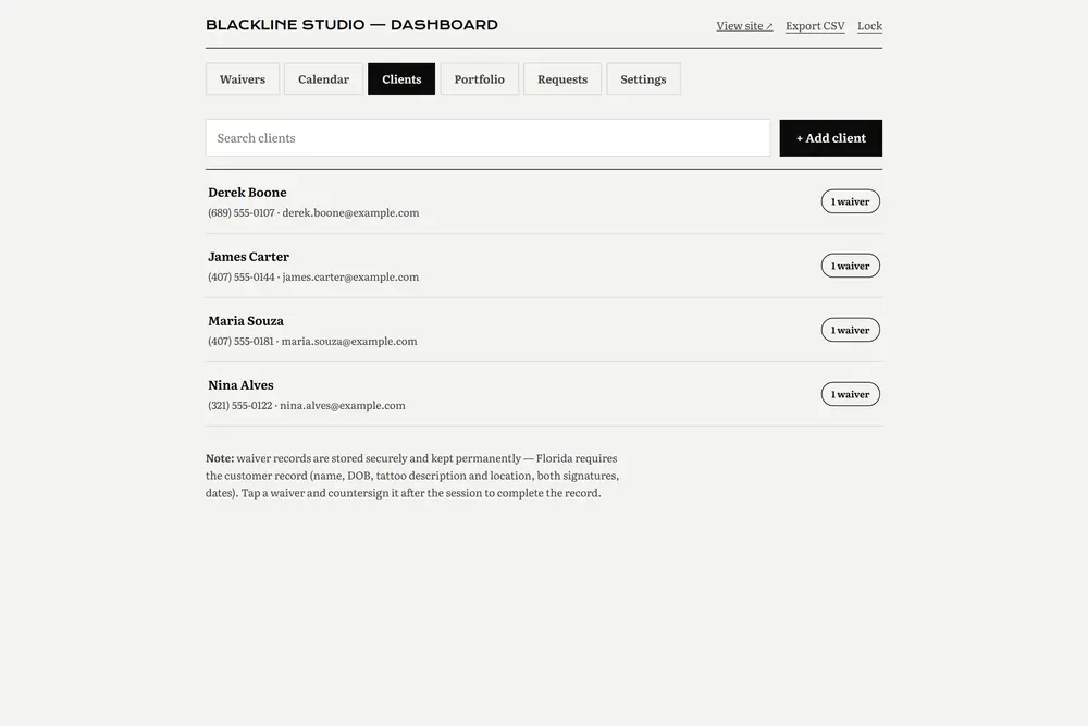 The dashboard clients tab listing client records with linked waivers and notes.