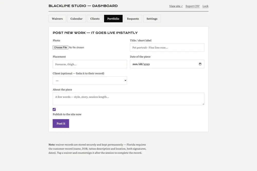 The dashboard portfolio tab, where a finished piece is posted to the public gallery.