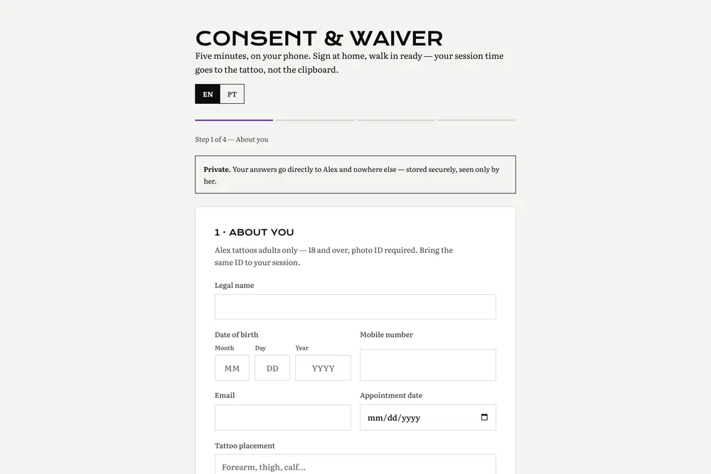 The waiver flow shown on the anonymized demo build, with health questions and consent initials.