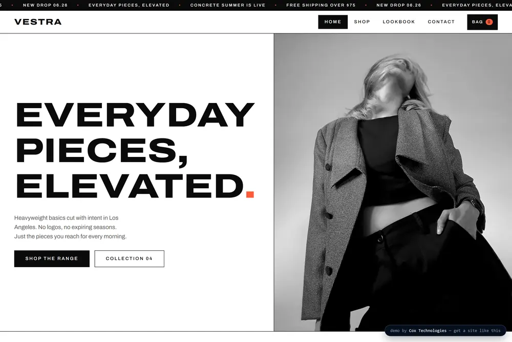 VESTRA: stark fashion e-commerce with an oversized voice and a photo lookbook.