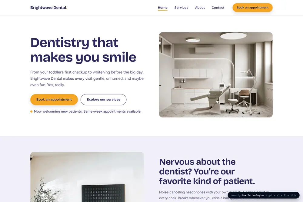 Brightwave Dental: a friendly consumer brand in violet and marigold.