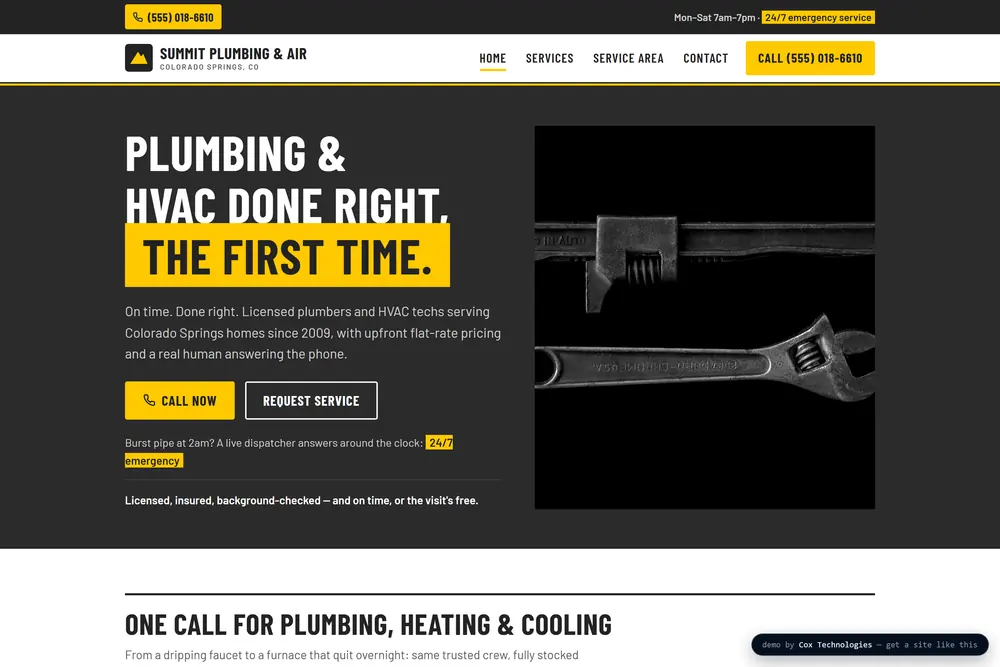 Summit Plumbing & Air: an industrial spec sheet in graphite and safety yellow.