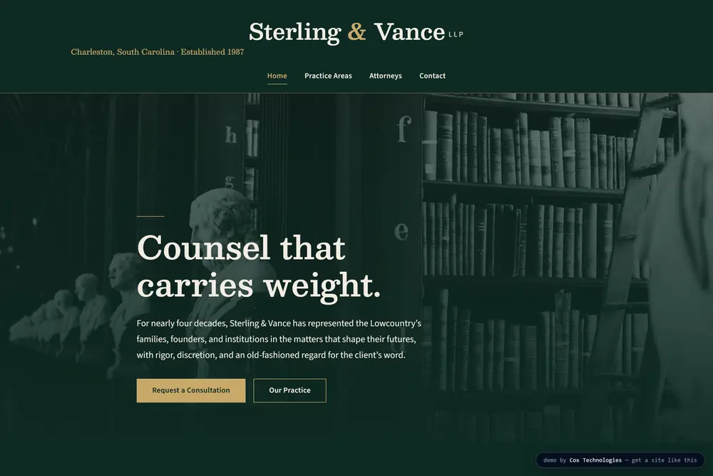 Sterling & Vance LLP: a drenched bottle-green editorial layout for a litigation practice.
