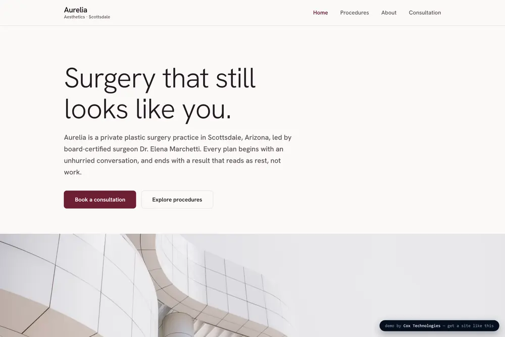 Aurelia Aesthetics: a calm, architectural clinic layout with quiet garnet accents.