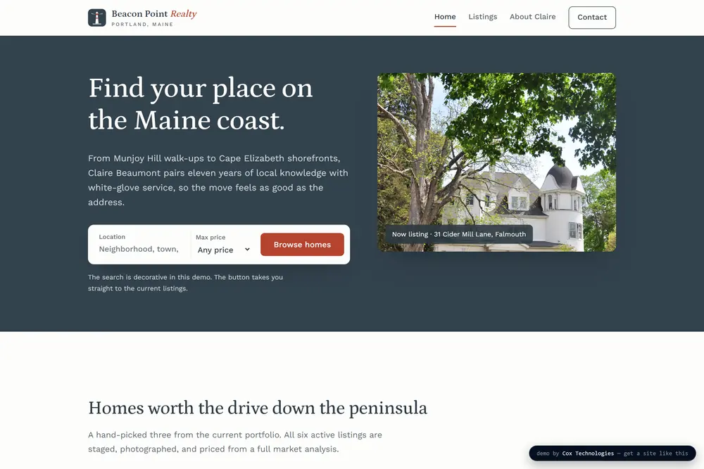 Beacon Point Realty: coastal listings in harbor slate led by photography.
