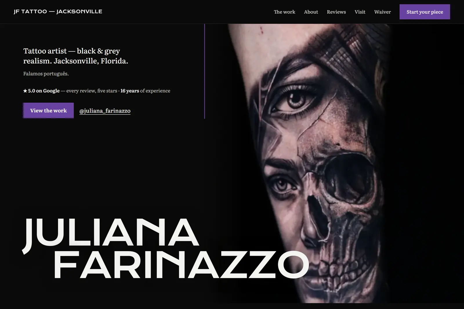 The Juliana Farinazzo Tattoo homepage: a full-bleed black-and-grey realism tattoo photograph beside her name set large in bone white.
