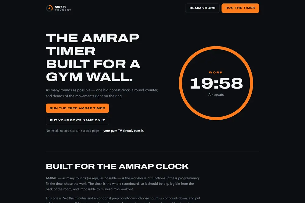 The AMRAP timer running full screen with a large countdown ring sized for a gym television.