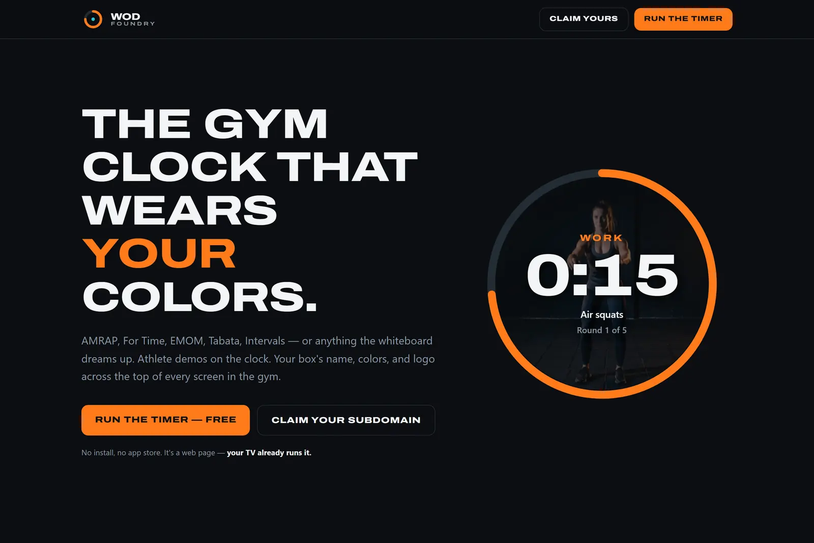 The WOD Foundry homepage: large type reading 'the gym clock that wears your colors' beside an orange countdown ring.