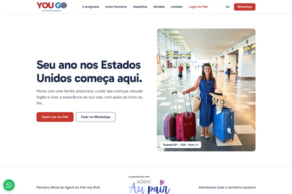 The You Go Intercâmbio homepage in Portuguese, with a red suitcase hero photograph and a language toggle.